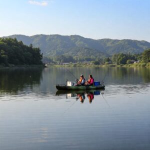 Two people enjoying a fishing trip in their tandem fishing kayak on a calm lake.
