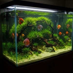 Beautiful aquascaped 200 gallon fish tank with lush green plants and colorful discus fish.