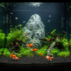 200 gallon fish tank with large stone centerpiece, goldfish, and a variety of live plants.