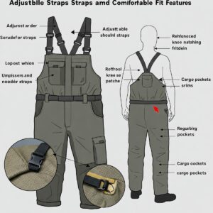 Diagram highlighting the adjustable straps and comfortable fit of versatile fishing bibs.