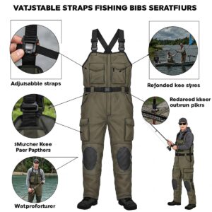 Illustration highlighting the adjustable straps and features of versatile fishing bibs.
