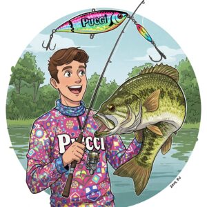 Smiling angler holding a bass fish caught using a vibrant Pucci fishing lure.