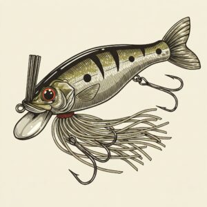 Assorted fishing lures for bass with visible treble hooks and detailed finishes