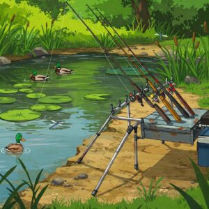 Animated illustration showing a bank fishing pole stand holding multiple fishing poles along a riverbank.
