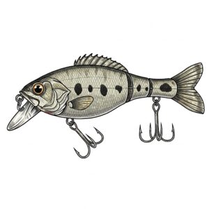 A rustic layout of fishing lures for bass placed on a wooden surface for display.