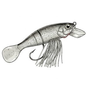 A top-down view of a tackle box filled with various fishing lures for bass, including crankbaits and jigs.