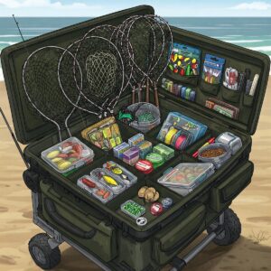 Detailed illustration showcasing various accessories found in a beach fishing cart, including bait and nets.
