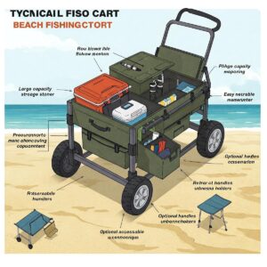 Diagram illustrating the different compartments and features of a typical beach fishing cart.