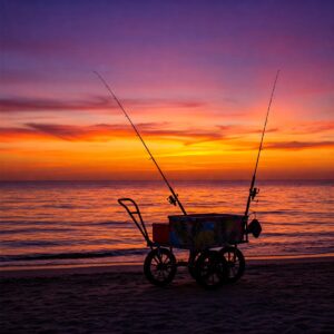 Illustration of a colorful beach fishing cart silhouetted against a vibrant sunset over the ocean.