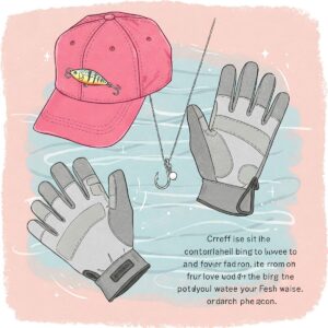 Illustration showcasing thoughtful fishing gifts for women who love to fish, including a stylish fishing hat, comfortable fishing gloves, and a fishing-themed jewelry piece.