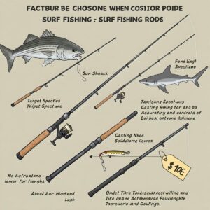 Illustration depicting various factors to consider when choosing a surf fishing rod, including target species, casting needs, and budget.