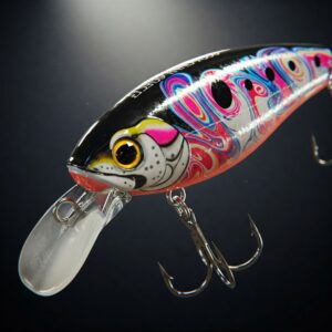 Close-up of a detailed Pucci fishing lure with swirled patterns and treble hooks.