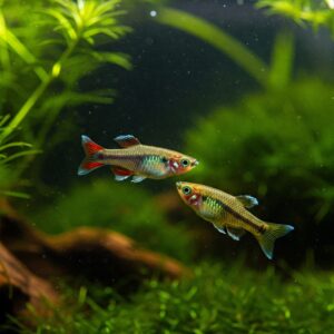 A close-up of two colorful endler fish facing each other in a planted tank environment.