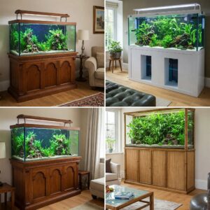 Various styles of fish tanks with their corresponding stands, illustrating different aesthetic options.