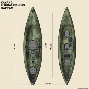 Diagram showing the dimensions and size of a typical 2 person fishing kayak.