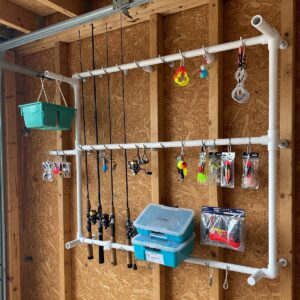 DIY fishing rod rack idea for storing fishing equipment.