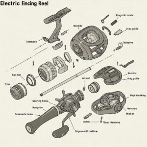Detailed diagram illustrating the different parts of an electric fishing reel.