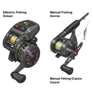  Comparison illustration showing the difference between an electric fishing reel and a manual fishing reel.