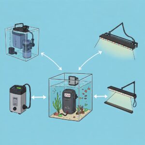 Illustration showing essential equipment like filters, heaters, and LED lights for setting up a 125 gallon fish tank.