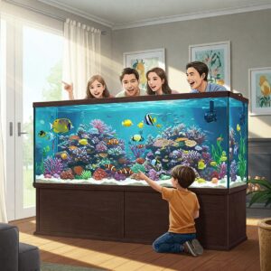 A happy family admiring a colorful 125 gallon fish tank filled with tropical fish and coral in a bright living room.