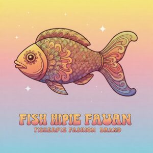 Fish Hippie Fajan brand logo with a decorative, pastel-gradient fish illustration and retro text styling.