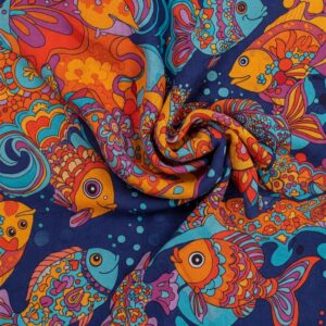 Fish Hippie themed fabric with colorful, floral-patterned fish and underwater elements on a dark blue background