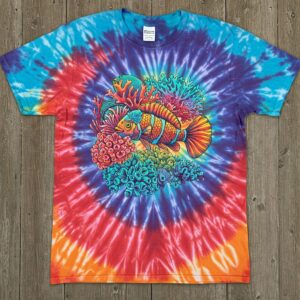 Tie-dye t-shirt in vibrant colors featuring a Fish Hippie coral reef scene with a psychedelic fish design.