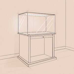Simple line illustration showing the structure of a fish tank sitting securely on its stand.