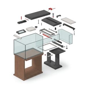  Exploded diagram showing the individual parts of a fish tank and its supporting stand.