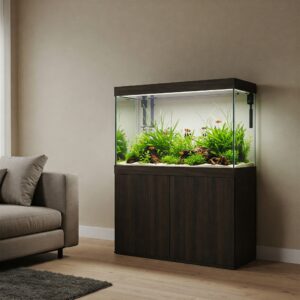 A fish tank with its stand integrated into a home living room, demonstrating its decorative potential.