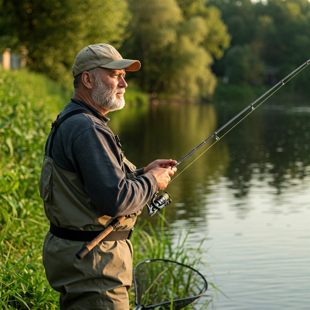 An angler wearing durable fishing bibs stands by the water, ready for their next catch. fishing bibs