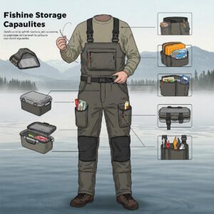 Detailed illustration showing the multiple pockets and storage options available in fishing bibs.