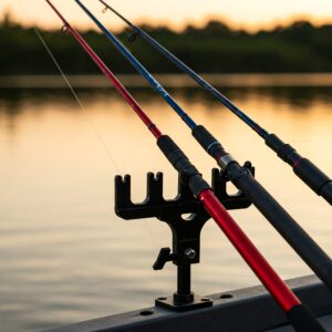 A sturdy fishing rod holder mounted on a boat at sunset, securely holding multiple fishing rods.