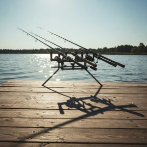 A professional fishing rod holder set up on a wooden dock, holding multiple rods overlooking a scenic lake.
