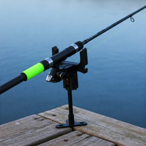 A single fishing rod secured in a fishing rod holder on a pier, ready for a catch.