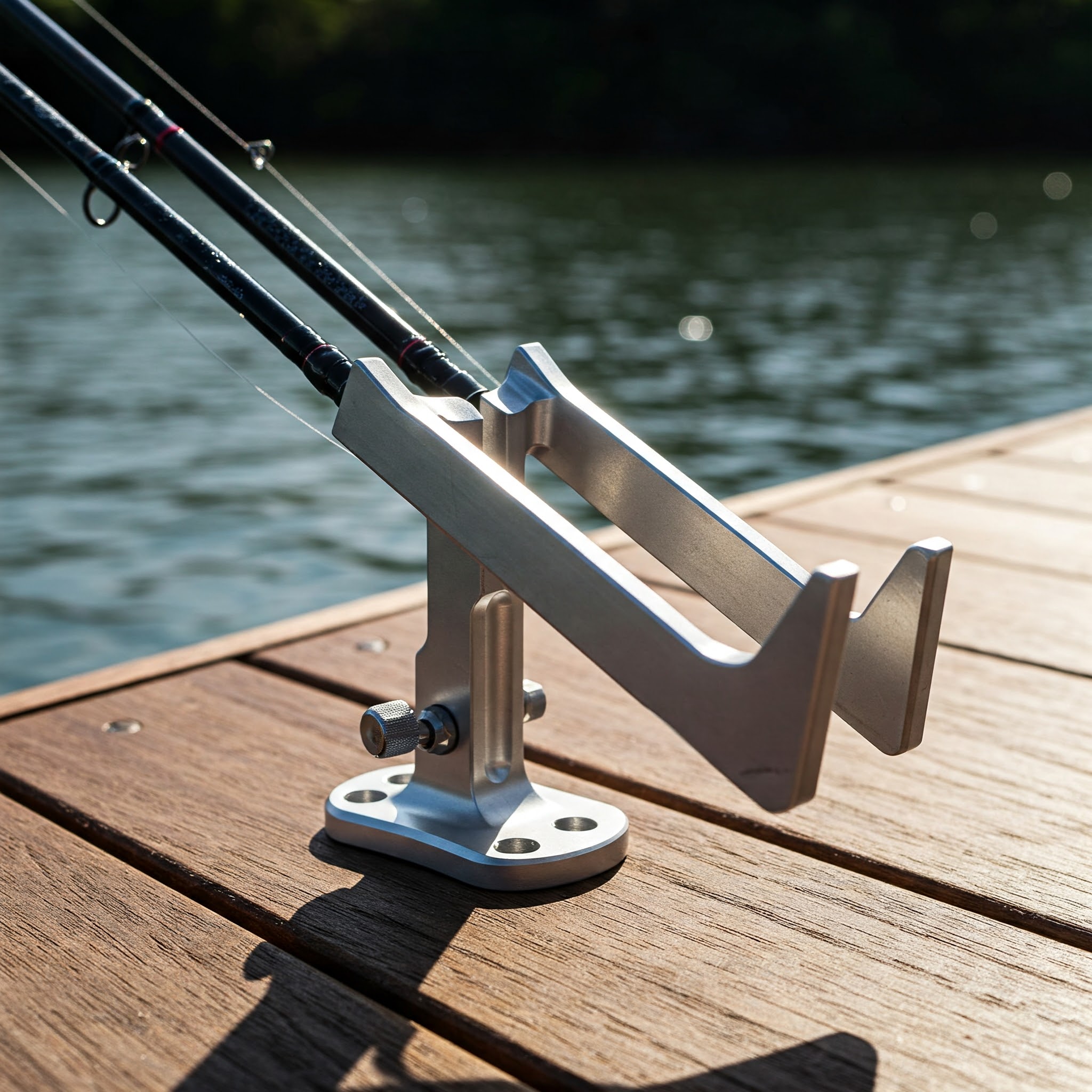 A sleek, modern fishing rod holder made of brushed aluminum