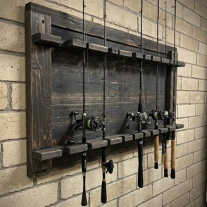 Wall-mounted fishing rod rack securely holding multiple fishing poles.