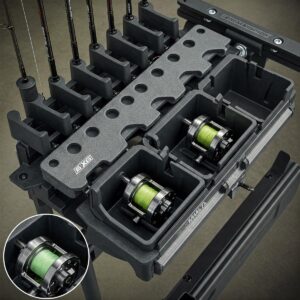 Fishing rod rack with integrated reel storage for organization.