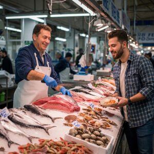 A friendly fishmonger in a blue apron serving a customer holding a plate of scallops at a fish counter with various seafood on display.