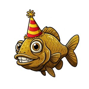  Illustration of a cartoon fish wearing a party hat, representing funny and novelty fishing gifts for anglers.