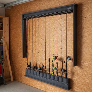 Garage fishing pole organizer keeping rods safe and accessible.