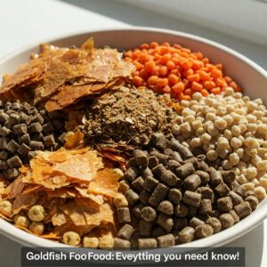 A close-up of a goldfish eating floating food pellets in a clean aquarium. 
