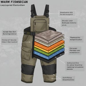 Diagram illustrating the insulation layers within a pair of warm fishing bibs for cold weather.