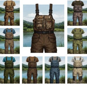 Illustration depicting different styles and colors of fishing bibs designed for men.