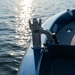 A sleek metal fishing rod holder attached to a boat, reflecting sunlight on the water.