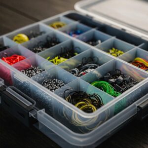 Illustration showing a multi-compartment tackle box designed for organizing different types of fishing lures, hooks, and accessories.