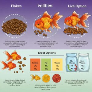 An orange goldfish surrounded by floating fish food in a home aquarium.