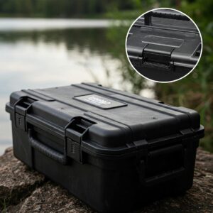 Illustration of a durable plastic tackle box for fishing, highlighting its secure latches and portable design.