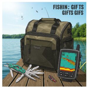 Illustration featuring essential and practical fishing gifts like a durable waterproof bag, a multi-tool for fishing, and a fish finder device.