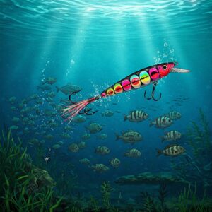Colorful Pucci fishing lure swimming underwater surrounded by fish.
